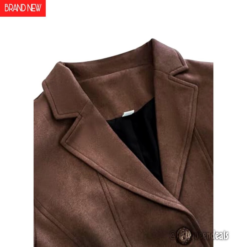 Vintage Faux Suede Blazer Slim Fit Lapel Jacket with Pockets Work Casual - Picture 4 of 7